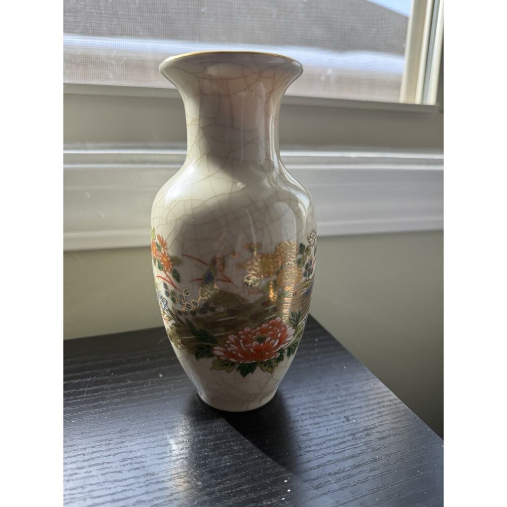 Vintage OMC Asian Style Crackle Glaze Vase Peacock Floral Gold Rim 7”